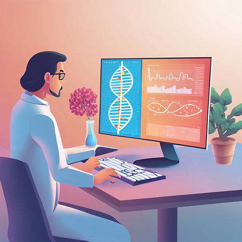 a scientist working on computer with the computer screen showing dna with some drug molecu